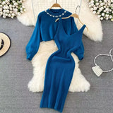 woloong Women Sweater Midi Dress Set Casual Pullovers Suits Autumn Winter O-neck Long Sleeve Knitted Solid Slim Elegance Tops Elastic