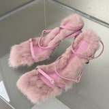 New Brand Chic Fluorescent green Plush Fur Fuzzy Sandals Women Low Thin Heels Fashion Clip Toe Ankle Lace Up Slides Shoes