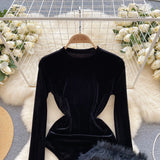 woloong Autumn Long Sleeves Bodysuits  Women O Neck Open Crotch Velvet Slim Playsuits+Plush Sexy Mini Skirt Suits