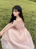 woloong Pink Sweet Strap Dress Summer Women Elegant V-Neck Bow Floral Fairy Party Dresses Female Sexy Off Shoulder Chic Holiday Vestidos