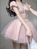 woloong Summer Pink Bow Fashion Elegant Dress Women Floral Print Vintage Party Mini Dress Female Puff Sleeve Korean Sweet Dress  New