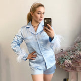 Pajamas For Women 2 Piece Set Feathers Long Sleeve Turn Down Collar Sleepwear Autumn Casual Night Suits With Shorts Satin