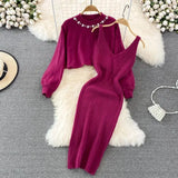 woloong Women Sweater Midi Dress Set Casual Pullovers Suits Autumn Winter O-neck Long Sleeve Knitted Solid Slim Elegance Tops Elastic