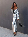 Chic Silvery Women's Pants Set Fashion Lapel Single Breasted Crop Jacket Straight Trousers Suit  Autumn Lady Elegant Outfit