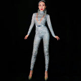 woloong Flashing Silver Rhinestones Spandex Women Jumpsuit Birthday Celebrate Bar Outfit Singer Dance Wear Leggings Stage Queen Costume