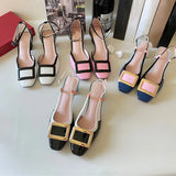 New Square Buckle Closed Toe Sandals Chunky Heel Patent Leather Color-Matching Sandals Mid Heel Ankle-Strap Shoes