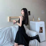 woloong Black Spaghetti Strap Dress Goth Women Summer Elegant Sexy Party Solio Irregular Gothic Long Dress Korean Style Clothes New