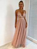 woloong Mesh Sequins V-neck Dress Women New Cocktail Party Dresses Backless Summer Maxi Long Bodycon Dress Elegant Dress