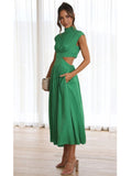 Stand Collar Waist Cut Out Women Summer Midi Dress Green Sleeveless A-line Holiday Beach Solid Vestidos Party New Robe