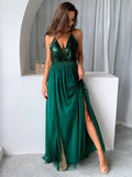 woloong Mesh Sequins V-neck Dress Women New Cocktail Party Dresses Backless Summer Maxi Long Bodycon Dress Elegant Dress