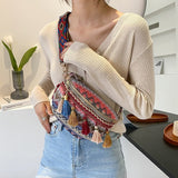 woloong woloong Women Folk Style Waist Bags with Adjustable Strap Variegated Color Fanny Pack with Fringe Decor Pochete Feminina Ri?onera Belt