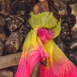 Autumn Chic Sexy Off Shoulder Ruffle Blouse&Slit Long Skirt Women Suit Vintage Colorful Print Two Piece Set Lady Elegant Outfiit