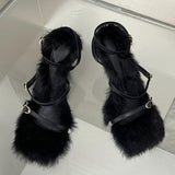 New Brand Chic Fluorescent green Plush Fur Fuzzy Sandals Women Low Thin Heels Fashion Clip Toe Ankle Lace Up Slides Shoes