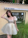 woloong Fairy Dress Pink Dress New Summer Organza Fairy Dress Female Sweet Puff Sleeves Mesh Square Collar Princess Dress Women's Clothing