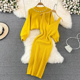 woloong Women Sweater Midi Dress Set Casual Pullovers Suits Autumn Winter O-neck Long Sleeve Knitted Solid Slim Elegance Tops Elastic