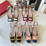 New Square Buckle Closed Toe Sandals Chunky Heel Patent Leather Color-Matching Sandals Mid Heel Ankle-Strap Shoes