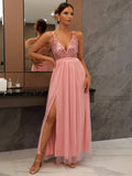 woloong Mesh Sequins V-neck Dress Women New Cocktail Party Dresses Backless Summer Maxi Long Bodycon Dress Elegant Dress