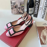 New Square Buckle Closed Toe Sandals Chunky Heel Patent Leather Color-Matching Sandals Mid Heel Ankle-Strap Shoes