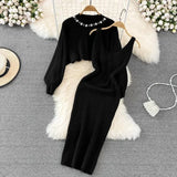 woloong Women Sweater Midi Dress Set Casual Pullovers Suits Autumn Winter O-neck Long Sleeve Knitted Solid Slim Elegance Tops Elastic