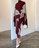 V-Neck Batwing Sleeve Top Midi Skirt Suit Fashion Elegant Floral Printed Women Outfits Office Lady Chic Two Pieces Set