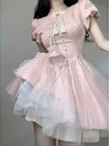 woloong Summer Pink Bow Fashion Elegant Dress Women Floral Print Vintage Party Mini Dress Female Puff Sleeve Korean Sweet Dress  New