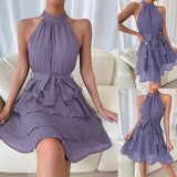 woloong Women Soild Ruffle Design Dress Halter Neck Dress Casual Sweet Style Dress Grace Sleeveless Dress Women Summer Dress