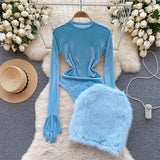 woloong Autumn Long Sleeves Bodysuits  Women O Neck Open Crotch Velvet Slim Playsuits+Plush Sexy Mini Skirt Suits