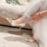 woloong Spring New White Women Bridal Wedding Shoes Faux Silk Satin Rhinestone Crystal Shallow Pumps Stiletto High Heel T