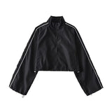 White Black Sports Tracksuits Set Women Windbreak Fast Dry Cropped Zip Up Jackets Coat Top Wide Leg Baggy Pants Trousers