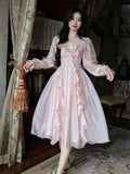 woloong Autumn Vintage Party Midi Dress Women Pink Fairy Korean Style Sweet Dress Female Bubble Sleeve Elegant Evening Party Dress