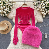 woloong Autumn Long Sleeves Bodysuits  Women O Neck Open Crotch Velvet Slim Playsuits+Plush Sexy Mini Skirt Suits