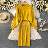 woloong Women Sweater Midi Dress Set Casual Pullovers Suits Autumn Winter O-neck Long Sleeve Knitted Solid Slim Elegance Tops Elastic
