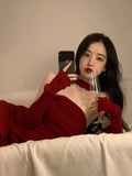 woloong Red Knitted Y2k Dress Women's Sleeveless Halter Split Sexy Solid Stretch Slim Fit Backless Retro Women's Party Dress Elegant