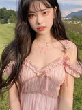 woloong Pink Sweet Strap Dress Summer Women Elegant V-Neck Bow Floral Fairy Party Dresses Female Sexy Off Shoulder Chic Holiday Vestidos