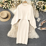 woloong Women Sweater Midi Dress Set Casual Pullovers Suits Autumn Winter O-neck Long Sleeve Knitted Solid Slim Elegance Tops Elastic