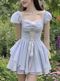 woloong Summer Bule Sweet Kawaii Dress Women Strappy Elegant Fashion Party Mini Dress Female Ruffle Flounce Korean Casual Dress New