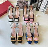New Square Buckle Closed Toe Sandals Chunky Heel Patent Leather Color-Matching Sandals Mid Heel Ankle-Strap Shoes