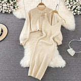 woloong Women Sweater Midi Dress Set Casual Pullovers Suits Autumn Winter O-neck Long Sleeve Knitted Solid Slim Elegance Tops Elastic