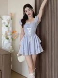 woloong Summer Bule Sweet Kawaii Dress Women Strappy Elegant Fashion Party Mini Dress Female Ruffle Flounce Korean Casual Dress New