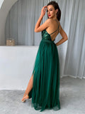 woloong Mesh Sequins V-neck Dress Women New Cocktail Party Dresses Backless Summer Maxi Long Bodycon Dress Elegant Dress