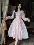 woloong Autumn Vintage Party Midi Dress Women Pink Fairy Korean Style Sweet Dress Female Bubble Sleeve Elegant Evening Party Dress