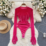 woloong Autumn Long Sleeves Bodysuits  Women O Neck Open Crotch Velvet Slim Playsuits+Plush Sexy Mini Skirt Suits