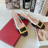 New Square Buckle Closed Toe Sandals Chunky Heel Patent Leather Color-Matching Sandals Mid Heel Ankle-Strap Shoes