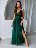 woloong Mesh Sequins V-neck Dress Women New Cocktail Party Dresses Backless Summer Maxi Long Bodycon Dress Elegant Dress