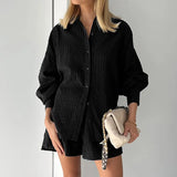 Black Friday Casual Jacquard Shorts Suit Women  Summer Loose Long Sleeve Shirt Two Piece Set Lady Hawaiian Style Shorts 2 Piece Set