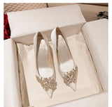 woloong Spring New White Women Bridal Wedding Shoes Faux Silk Satin Rhinestone Crystal Shallow Pumps Stiletto High Heel T