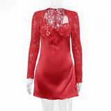 Slim-fitting busty girl's hip-hugging short skirt, lace long-sleeved design, A-swing dress, feminine sexy party club wear