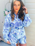 woloong Flower Print Blue Short Sets Women Matching Set Blue Summer Spring Two Pieces Sets Suits Oversized Top Shorts