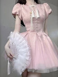 woloong Summer Pink Bow Fashion Elegant Dress Women Floral Print Vintage Party Mini Dress Female Puff Sleeve Korean Sweet Dress  New
