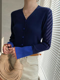 woloong Split-Joint Contrast Color Buttoned Long Sleeves Flared Sleeves V-Neck Cardigan Tops